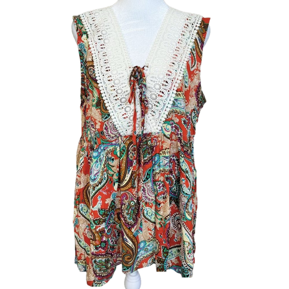 Weekend/Suzzane Betro Sleeveless, Multi-Color, Lace Blouse, Tie detail, Size LG